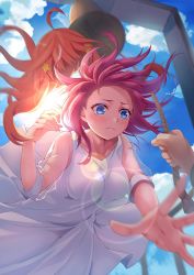 Rule 34 | 1girl, bell tower, blue sky, blunt bangs, blush, breasts, cloud, commentary request, da-cart, day, dress, go-toubun no hanayome, hair ornament, highres, large breasts, lens flare, long hair, nakano nino, pink hair, red hair, rope, sky, star (symbol), star hair ornament, sun, white dress, wig