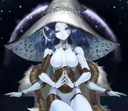 Rule 34 | 1girl, alternate breast size, blue eyes, blue skin, breasts, cloak, coat, collarbone, colored skin, cracked skin, doll joints, elden ring, extra arms, extra faces, fingers together, fur cloak, fur coat, gemi ningen, hat, highres, joints, medium breasts, nude, own hands together, ranni the witch, sitting, smile, solo, witch hat