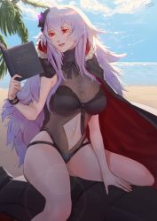 Rule 34 | 1girl, argyle, argyle clothes, argyle cutout, azur lane, bad id, bad pixiv id, beach, blue sky, book, breasts, cape, center opening, cleavage, clothing cutout, cloud, cloudy sky, commentary, day, english commentary, flower, fur trim, graf zeppelin (azur lane), graf zeppelin (beachside urd) (azur lane), hair between eyes, hair flower, hair ornament, highres, holding, holding book, large breasts, long hair, navel, navel cutout, ocean, one-piece swimsuit, open mouth, outdoors, palm tree, pink lips, red eyes, signature, silver hair, sky, solo, stomach cutout, swimsuit, tree, wristband, zawijawa