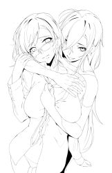 Rule 34 | 2girls, ahoge, arms at sides, asymmetrical bangs, breasts, fangs, glasses, greyscale, hair between eyes, hand up, hiwatari makoto, ichinose tomoe, large breasts, lineart, long hair, looking at viewer, mole, mole under mouth, monochrome, multiple girls, navel, original, over-rim eyewear, parted lips, ryuji (ikeriu), sailor collar, semi-rimless eyewear, simple background, sketch, smile, tomoe (shoken narai), tongue, tongue out, unbuttoned, unbuttoned shirt, unfinished, upper body, very long hair