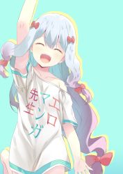 Rule 34 | 10s, 1girl, :d, ^ ^, adrenaline!!!, arm up, bare shoulders, blue hair, blush, bow, clothes writing, eromanga sensei, closed eyes, green background, hair bow, izumi sagiri, jumping, long hair, mashiromi noah, off shoulder, open mouth, red bow, shirt, short sleeves, simple background, smile, solo, t-shirt
