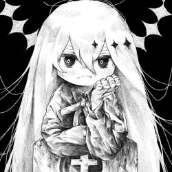 Rule 34 | 1girl, annoyed, bandaged fingers, bandages, bright pupils, buttons, collared shirt, cross, gekiyaku, greyscale, hair between eyes, halo, hand on own cheek, hand on own face, hand up, head rest, highres, kilsturgeon, leaning forward, leaning on object, long hair, long sleeves, looking at viewer, monochrome, neck ribbon, pout, ribbon, shirt, simple background, sleeve cuffs, solo, sparkle hair ornament, stigmata, straight-on, thick eyebrows, tombstone, upper body, utau, v-shaped eyebrows, very long hair