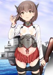 Rule 34 | 1girl, bike shorts, black thighhighs, bow (weapon), breasts, brown eyes, brown hair, cowboy shot, crossbow, flat chest, hair between eyes, hand in own hair, headgear, kantai collection, looking at viewer, loose skirt, no panties, open mouth, pleated skirt, red skirt, see-through, short hair, shorts, unworn shorts, signature, skirt, small breasts, smile, solo, taihou (kancolle), thighhighs, weapon, wet, wet clothes, yamasaki wataru