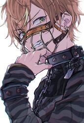 Rule 34 | 1boy, angry, barcode, chain, chain leash, clenched teeth, collar, earrings, green eyes, highres, jewelry, kuuu ilst, leash, looking at viewer, male focus, muzzle, orange hair, project sekai, shinonome akito, teeth, white background