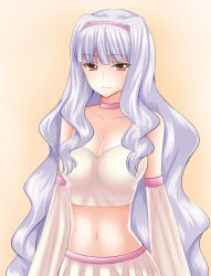 Rule 34 | 1girl, bare shoulders, breasts, bustier, cleavage, detached sleeves, hairband, idolmaster, idolmaster (classic), large breasts, light smile, long hair, midriff, navel, red eyes, shijou takane, shima-shuu, silver hair, smile, solo, very long hair
