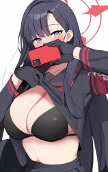 Rule 34 | 1girl, black choker, black gloves, black hair, black sailor collar, black serafuku, black shirt, black skirt, blue archive, blue eyes, blush, bra, breasts, breasts out, cellphone, choker, clothes lift, commentary, commentary request, covered mouth, flashing, gloves, hair ornament, hairclip, halo, holding, holding phone, ichika (blue archive), large breasts, lifted by self, long hair, long sleeves, looking at viewer, mobu, neckerchief, parted bangs, phone, red halo, red neckerchief, safety pin, sailor collar, school uniform, selfie, serafuku, shirt, shirt lift, simple background, skirt, smartphone, solo, underwear, upper body, white background, white bra