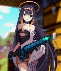 Rule 34 | 1girl, :o, bare shoulders, black gloves, black hair, blue eyes, breasts, cleavage, commentary, crossover, dayshiart, detached sleeves, english commentary, gloves, halo, highres, holding, holding sword, holding weapon, hololive, hololive english, light blush, long hair, minecraft, minecraft sword, mini wings, ninomae ina&#039;nis, ninomae ina&#039;nis (1st costume), open mouth, single thighhigh, small breasts, solo, sword, tentacle hair, thighhighs, very long hair, virtual youtuber, weapon, wings