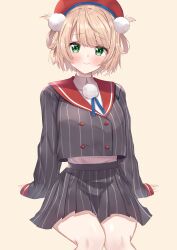Rule 34 | 1girl, absurdres, arm support, beret, black jacket, black skirt, blonde hair, blush, brown background, closed mouth, commentary, crop top, cropped jacket, embarrassed, green eyes, hair ornament, hair rings, hat, highres, indie virtual youtuber, jacket, long sleeves, looking at viewer, nemun (tamizzz), parted bangs, pinstripe jacket, pinstripe pattern, pinstripe skirt, pom pom (clothes), pom pom hair ornament, red headwear, shigure ui (vtuber), shigure ui (vtuber) (1st costume), shirt, short hair, simple background, sitting, skirt, sleeves past wrists, solo, striped clothes, striped jacket, striped skirt, stylus, thighs, vertical-striped clothes, vertical-striped jacket, vertical-striped skirt, virtual youtuber, white shirt