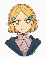 Rule 34 | 1girl, braid, closed mouth, cropped shoulders, crown braid, green eyes, hair ornament, hairclip, highres, looking at viewer, mouyi, nintendo, parted bangs, pointy ears, portrait, princess zelda, short hair, signature, smile, solo, the legend of zelda, the legend of zelda: tears of the kingdom