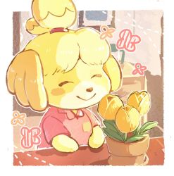 Rule 34 | 1girl, animal crossing, blush stickers, border, breast pocket, closed eyes, closed mouth, collared shirt, commentary request, flower, indoors, isabelle (animal crossing), leaf, nao (naaa 195), nintendo, pink shirt, plant, pocket, potted plant, shirt, short sleeves, smile, solo, white border, yellow flower