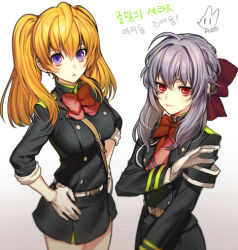 Rule 34 | 10s, 2girls, artist request, blonde hair, bow, bowtie, gloves, hair bow, hands on own hips, hiiragi shinoa, korean text, long hair, lowres, military, military uniform, multiple girls, owari no seraph, purple eyes, red bow, red eyes, sanguu mitsuba, silver hair, sleeves rolled up, smile, twintails, uniform, white gloves
