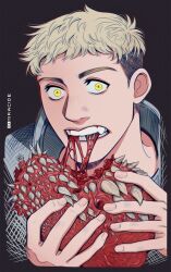 Rule 34 | 1boy, armor, artist name, black background, blonde hair, commentary, dungeon meshi, eating, elden ring, english commentary, highres, holding, laios touden, looking at viewer, male focus, miracide, open mouth, short hair, simple background, slit pupils, solo, teeth, yellow eyes