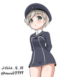 Rule 34 | 1girl, arms behind back, black dress, blue eyes, breasts, commentary request, dated, dress, gluteal fold, hat, kantai collection, light brown hair, no. vii, sailor dress, sailor hat, short dress, short hair, small breasts, solo, twitter username, z1 leberecht maass (kancolle)
