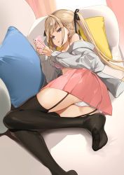 Rule 34 | 1girl, bitterpain, black ribbon, black thighhighs, blonde hair, blue eyes, bra, bra strap, cellphone, closed mouth, couch, garter belt, garter straps, hair ribbon, highres, holding, holding phone, lips, long hair, long sleeves, looking at viewer, looking away, lying, no shoes, open clothes, open shirt, original, panties, parted lips, phone, pillow, pink bra, pink skirt, ribbon, shirt, skirt, smartphone, soles, solo, thighhighs, twintails, underwear, white panties, white shirt