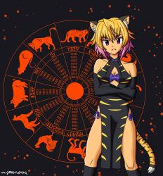 Rule 34 | 1girl, 2022, ajamnova, animal ear fluff, animal ears, artist name, bad id, bad pixiv id, bare shoulders, black gloves, black socks, blonde hair, breasts, byoubu tetora, china dress, chinese clothes, chinese zodiac, cleavage, cleavage cutout, closed mouth, clothing cutout, crossed arms, dress, elbow gloves, fangs, gloves, highres, kneehighs, looking at viewer, multicolored hair, otomimi infinity, panties, pink hair, purple eyes, short hair, side-tie panties, socks, solo, tail, tiger ears, tiger girl, tiger tail, underwear, year of the tiger
