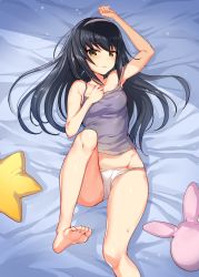 Rule 34 | 10s, 1girl, arm up, armpits, bare legs, barefoot, black hair, breasts, camisole, closed mouth, feet, girls und panzer, hairband, hand on own chest, highres, icomochi, leg up, long hair, looking at viewer, lying, no pants, on back, panties, reizei mako, small breasts, soles, solo, strap slip, sweat, toes, underwear, white panties