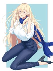 Rule 34 | 1girl, black footwear, blonde hair, blue background, blue eyes, blue scarf, border, full body, hair between eyes, high-waist pants, high heels, highres, kantai collection, kneeling, long hair, looking at viewer, mole, mole under eye, mole under mouth, pants, richelieu (kancolle), scarf, shingyou (alexander-13), shirt, solo, two-tone background, white border, white shirt