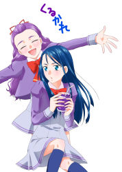 Rule 34 | 00s, 2girls, :d, bad id, bad pixiv id, blue eyes, blue hair, blush, closed eyes, couple, cup, drink, drinking straw, happy, long hair, milk (yes! precure 5), mimino kurumi, minazuki karen, multiple girls, open mouth, outstretched arms, outstretched hand, precure, purple hair, purple skirt, school uniform, shiratamama, simple background, sitting, skirt, smile, udon (shiratama), white background, yes! precure 5, yes! precure 5 gogo!, yuri
