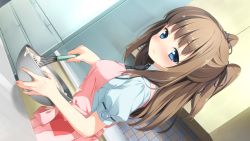 Rule 34 | 1girl, apron, berry&#039;s, blue eyes, blush, breasts, brown hair, cooking, game cg, highres, houkou yuuka, kitchen, long hair, looking at viewer, nanao naru, necktie, refrigerator, sideboob, smile, solo, standing, twintails