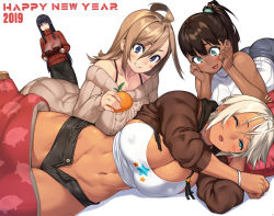 Rule 34 | 2019, 23 (real xxiii), 4girls, abs, ahoge, aran sweater, ass, bare shoulders, black hair, blonde hair, blue eyes, blush, bra strap, bracelet, breasts, brown-haired girl (23), brown hair, cable knit, chinese zodiac, cleavage, commentary request, covered erect nipples, crop top, dark-skinned female, dark skin, drooling, english text, female focus, flat-chested girl (23), flat chest, food, fruit, green eyes, grin, happy new year, head rest, highres, hime cut, hood, hoodie, huge ahoge, jewelry, kagami mochi, kotatsu, large breasts, light brown hair, long hair, lying, mandarin orange, medium hair, multiple girls, navel, new year, on side, one eye closed, open clothes, open fly, open hoodie, original, pantyhose, pencil skirt, sela (23), short hair, short shorts, shorts, sideboob, skirt, sleepy, sleeveless, sleeveless turtleneck, smile, sweater, table, thick thighs, thighs, turtleneck, turtleneck sweater, unzipped, ursula (23), wife and wife, wristband, year of the pig
