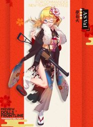 Rule 34 | 1girl, as val, as val (fireworks of dreams) (girls&#039; frontline), as val (girls&#039; frontline), assault rifle, automatic rifle, blonde hair, blue eyes, character name, english text, floral print, flower, full body, fur collar, girls&#039; frontline, gun, hair flower, hair ornament, integral suppressor, integrally-suppressed firearm, japanese clothes, kalashnikov rifle, kimono, official alternate costume, official art, one eye closed, rifle, sandals, shoes, socks, solo, suppressor, tabi, torn clothes, torn kimono, toz (tulsky oruzheiny zavod), tsniitochmash, tula arms plant, unworn sandals, unworn shoes, weapon