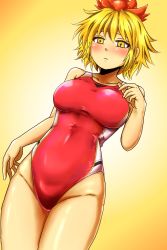Rule 34 | 1girl, blonde hair, blush, breasts, closed mouth, competition swimsuit, d-m (dii emu), hair ornament, highres, large breasts, one-piece swimsuit, red one-piece swimsuit, short hair, solo, swimsuit, toramaru shou, touhou, yellow background, yellow eyes