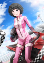 Rule 34 | 1girl, ;d, alternate costume, amagami, animal print, black eyes, black hair, blue sky, blurry, blush, bob cut, bodysuit, breasts, building, carrying, carrying under arm, clothes writing, cloud, day, depth of field, dutch angle, eyebrows, full-length zipper, glint, gloves, unworn headwear, helmet, unworn helmet, highres, lamppost, large breasts, lens flare, long sleeves, looking at viewer, motor vehicle, motorcycle, motorcycle helmet, nanasaki ai, one eye closed, open mouth, outdoors, petals, pink gloves, rabbit print, race queen, short hair, sidesaddle, sitting, sky, smile, solo, sunimu, zipper