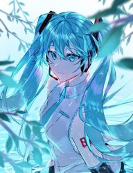 Rule 34 | 1girl, arm tattoo, black sleeves, blue eyes, blue hair, blue necktie, blurry, blurry foreground, breast pocket, character name, closed mouth, collared shirt, detached sleeves, floating hair, hair between eyes, hair ornament, hatsune miku, headphones, headset, long hair, microphone, natsusankinka07, necktie, number tattoo, pocket, shirt, sleeveless, sleeveless shirt, solo, tattoo, twintails, upper body, very long hair, vocaloid, white shirt, wing collar