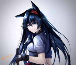 Rule 34 | 1girl, absurdres, animal ears, arknights, black gloves, blaze (arknights), blue eyes, blue hair, breasts, cat ears, commentary, gloves, grey background, grey shirt, hair between eyes, hairband, highres, long hair, looking at viewer, mackia, puffy short sleeves, puffy sleeves, red hairband, shirt, short sleeves, small breasts, smile, solo, upper body