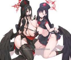 Rule 34 | 2girls, absurdres, arched back, areola slip, asymmetrical docking, black choker, black gloves, black hair, black headwear, black thighhighs, black wings, blue archive, blush, breast press, breasts, choker, closed eyes, clothes lift, commentary, convenient leg, dishwasher1910, earrings, english commentary, english text, feathered wings, garter belt, gloves, grin, hair between eyes, hair ornament, hairclip, halo, hands up, hasumi (blue archive), highres, holding hands, huge breasts, ichika (blue archive), interlocked fingers, jewelry, kneeling, large breasts, long hair, looking at viewer, low wings, mole, mole under eye, multiple girls, no panties, no shoes, panties, pasties, pelvic curtain, pleated skirt, red eyes, red panties, sailor collar, shirt lift, simple background, skirt, smile, thighhighs, thighs, underwear, white background, wings
