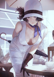 Rule 34 | 1girl, bare shoulders, black gloves, black hair, blue ribbon, breasts, cafe, coffee cup, cup, disposable cup, dress, gloves, hair ribbon, hat, highres, indoors, kaoming, looking at viewer, medium breasts, original, purple eyes, ribbon, solo, umbrella, white dress, white hat
