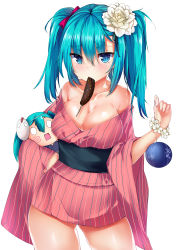 Rule 34 | 2girls, absurdres, aqua eyes, aqua hair, bad id, bad pixiv id, blush, bracelet, breasts, cleavage, cowboy shot, flower, hachune miku, hair flower, hair ornament, hatsune miku, highres, japanese clothes, jewelry, large breasts, looking at viewer, mouth hold, multiple girls, off shoulder, revision, ryuuji teitoku, simple background, striped, twintails, vertical stripes, vocaloid, water yoyo, white background