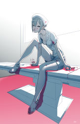 Rule 34 | 1girl, arm support, blood, blood on clothes, blood stain, bloom, blue eyes, breasts, cleavage, commentary request, crocs, day, desk, earrings, eyelashes, grey hair, hat, highres, idolmaster, idolmaster cinderella girls, indoors, jewelry, knee up, leaking, leaning forward, licking lips, looking at viewer, nurse, nurse cap, on desk, pantyhose, partially unbuttoned, shiomi syuko, shorts, signature, small breasts, solo, stud earrings, syringe, tongue, tongue out, watanukin (etson122127), white pantyhose