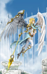 Rule 34 | 10s, 1girl, 2015, angel, angel wings, asymmetrical wings, belt, blonde hair, boots, borrowed character, cassie (acerailgun), castle, cloud, cyborg, day, feathered wings, flying, full body, grey eyes, highres, long hair, marwan islami, single mechanical arm, mechanical wings, original, outdoors, parted lips, polearm, signature, sky, sleeveless, solo, spear, weapon, wings