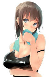 Rule 34 | 1girl, amamiya natsumi, black one-piece swimsuit, blue eyes, blush, breasts, brown hair, kekemotsu, large breasts, looking at viewer, one-piece swimsuit, original, ponytail, revision, sidelocks, simple background, solo, strap slip, swimsuit, towel, towel around neck, white background