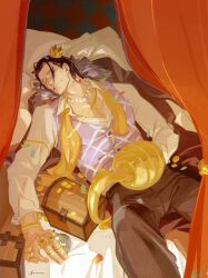 Rule 34 | 1boy, artist name, closed eyes, confetti, crocodile (one piece), crown, damon (damonn h), highres, hook hand, jewelry, log pose, necklace, on bed, one piece, ring, scar, scarf, solo, stitches, treasure chest