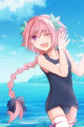 Rule 34 | 1boy, astolfo (fate), blue one-piece swimsuit, braid, bulge, day, fang, fate/apocrypha, fate (series), hair ornament, hair ribbon, long hair, male focus, minafuni, ocean, old school swimsuit, one-piece swimsuit, one eye closed, open mouth, pink hair, purple eyes, ribbon, school swimsuit, single braid, sky, smile, solo, splashing, swimsuit, thighhighs, trap, twitter username, white thighhighs