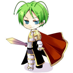 Rule 34 | 1boy, antennae, armor, armored boots, blue eyes, boots, breastplate, cape, chainmail, chibi, closed mouth, commentary request, cross, full body, gauntlets, green hair, holding, holding sword, holding weapon, leg armor, looking at viewer, looking back, lord knight (ragnarok online), lowres, male focus, pauldrons, ragnarok online, red cape, sasai saki, short hair, shoulder armor, simple background, smile, solo, spiked gauntlets, standing, sword, tabard, weapon, white background
