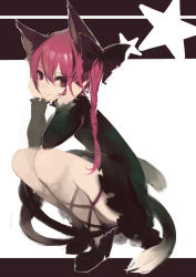 Rule 34 | 1girl, animal ears, bad id, bad pixiv id, cat ears, cat girl, cat tail, head rest, female focus, highres, k (li), kaenbyou rin, multiple tails, pink hair, solo, squatting, star (symbol), tail, touhou