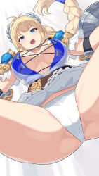 Rule 34 | 1girl, :o, armor, armored dress, blonde hair, blue eyes, braid, breasts, commentary request, eyelashes, from below, highres, holding, holding shield, large breasts, laurel crown, long hair, open mouth, panties, pauldrons, shield, shoulder armor, solo, sophitia alexandra, soul calibur, soulcalibur, soulcalibur vi, teeth, underwear, upper teeth only, v-shaped eyebrows, white panties, yagi2013