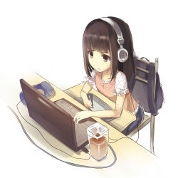 Rule 34 | 1girl, :&lt;, bag, bison cangshu, chair, computer, drawing, drawing tablet, face, frown, glass, glasses, headphones, keyboard (computer), laptop, long hair, mouse (computer), mousepad, mousepad (object), original, school bag, sitting, solo