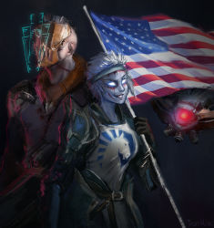 Rule 34 | 1boy, 1girl, 1other, american flag, armor, back-to-back, blood, commentary, dahang (gamer), drone, english commentary, faceless, flag, flagpole, galena (quake), gauntlets, glowing, glowing eye, glowing eyes, grey background, grin, headband, heads-up display, height difference, highres, holographic monitor, huge weapon, mohawk, no pupils, nose, one-eyed, pale skin, peeker (quake), purrmia, quake, quake champions, rapha (gamer), rocket launcher, scar, smile, tabard, team liquid, visor, visor (quake), weapon, white hair
