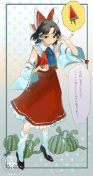 Rule 34 | 1girl, ahoge, arm up, artist name, ascot, bandages, bare shoulders, black footwear, black hair, blue ascot, blue socks, blush, bow, brown eyes, collared shirt, commentary, detached sleeves, artistic error, food, frills, fruit, grey background, hair ornament, hair tubes, hakurei reimu, hands up, highres, kyomunohi, long sleeves, looking to the side, open mouth, polka dot, polka dot background, red bow, red shirt, red skirt, sarashi, shirt, shoes, short hair, skirt, socks, solo, speech bubble, standing, sweat, sweatdrop, touhou, translation request, watermelon, white background, wide sleeves, yellow background