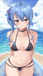 Rule 34 | 1girl, absurdres, bare shoulders, beach, bikini, black bikini, black choker, blue eyes, blue hair, blue ribbon, blush, breasts, choker, cleavage, cloud, cloudy sky, collarbone, commentary, hair between eyes, hair ribbon, hashira 14, highres, hololive, hoshimachi suisei, large breasts, looking at viewer, medium hair, navel, ocean, outdoors, ribbon, side ponytail, sky, small breasts, smile, solo, star (symbol), star in eye, swimsuit, symbol in eye, thighs, virtual youtuber