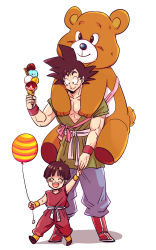 Rule 34 | 1boy, 1girl, balloon, black eyes, black hair, boots, child, dougi, dragon ball, dragonball z, closed eyes, food, grandfather and granddaughter, holding hands, happy, hetero, highres, ice cream, looking at another, looking down, miiko (drops7), open mouth, pan (dragon ball), simple background, smile, son goku, stuffed animal, stuffed toy, teddy bear, tomboy, white background