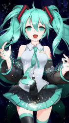 Rule 34 | 1girl, bad id, bad pixiv id, detached sleeves, green eyes, green hair, hatsune miku, highres, long hair, matching hair/eyes, nail polish, necktie, ng (kimjae737), open mouth, skirt, solo, thighhighs, twintails, vocaloid