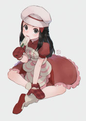 Rule 34 | 1girl, apron, artist name, black eyes, black hair, blush, breasts, chef hat, closed mouth, creatures (company), dawn (palentine&#039;s 2021) (pokemon), dawn (pokemon), dress, female focus, frilled apron, frilled dress, frills, from above, full body, game freak, grey background, hair ornament, hairclip, hand up, happy, hat, highres, japanese text, kikuyoshi (tracco), licking, long hair, looking at viewer, looking up, matching hair/eyes, mittens, nintendo, no nose, nose blush, official alternate costume, pink apron, plaid mittens, pokemon, pokemon masters ex, puffy short sleeves, puffy sleeves, red dress, red footwear, red mittens, shoes, short sleeves, sidelocks, signature, simple background, sitting, small breasts, smile, socks, solo, spatula, tongue, tongue out, white hat, white socks