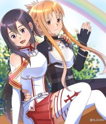 Rule 34 | 1boy, 1girl, :d, androgynous, armor, asuna (sao), asuna (sao) (cosplay), belt, belt buckle, black eyes, black gloves, black hair, black pants, blush, breastplate, brown eyes, brown hair, buckle, closed mouth, cosplay, costume switch, crossdressing, detached sleeves, dutch angle, fingerless gloves, gloves, hand on another&#039;s hip, hand on another&#039;s shoulder, highres, kirito, kirito (sao-ggo), kirito (sao-ggo) (cosplay), long hair, looking at viewer, looking back, miniskirt, open mouth, pants, pleated skirt, rainbow, red skirt, sidelocks, sitting, skirt, smile, straight hair, sword art online, thighhighs, trap, tu tora2, twitter username, very long hair, white belt, white sleeves, white thighhighs