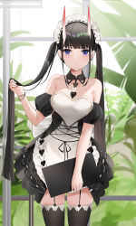 Rule 34 | 1girl, apron, azur lane, bare shoulders, black collar, black dress, black garter straps, black hair, black sleeves, black thighhighs, blunt bangs, book, breasts, clothing cutout, collar, cowboy shot, cross-laced clothes, detached collar, detached sleeves, dress, frilled hairband, frills, garter straps, hairband, heart, heart cutout, highres, holding, holding menu, holding own hair, horns, leaf, long hair, looking at viewer, maid, maid apron, maid headdress, medium breasts, menu, noshiro (azur lane), noshiro (hold the ice) (azur lane), official alternate costume, oni horns, parted lips, puffy short sleeves, puffy sleeves, purple eyes, qing wu, short sleeves, sidelocks, sleeveless, sleeveless dress, solo, standing, straight hair, strapless, strapless dress, thighhighs, twintails, very long hair, white apron, white hairband, wristband