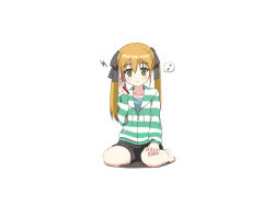 Rule 34 | 10s, 1girl, bad id, bad pixiv id, blush, brown hair, cellphone, dog days, green eyes, hair ribbon, hood, hoodie, kneeling, kyabetsutarou, musical note, phone, rebecca anderson, ribbon, shorts, solo, twintails, white background